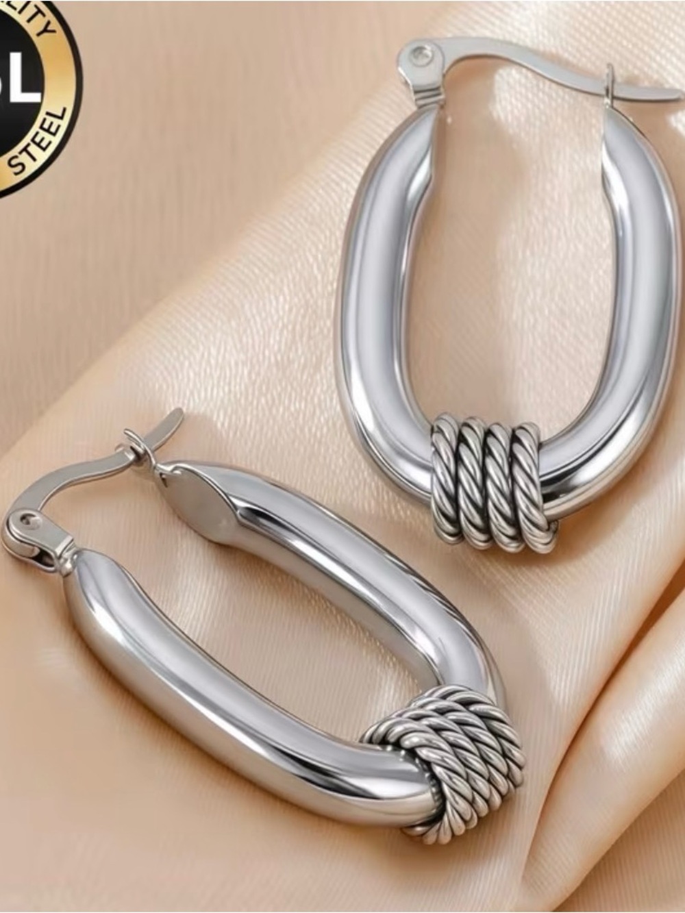 Stainless Steel Silver Hoop Earrings with Rope Knot Accent